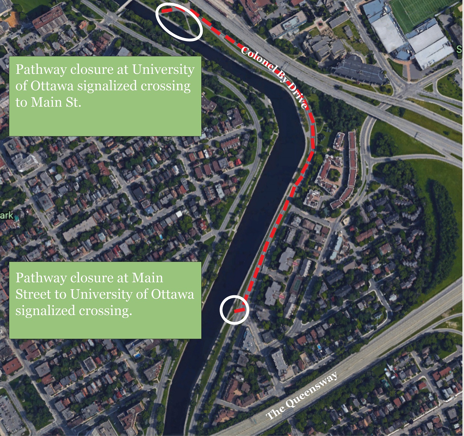 Map of pathway detours along Rideau Canal pathway between Concord Street North and Main Street