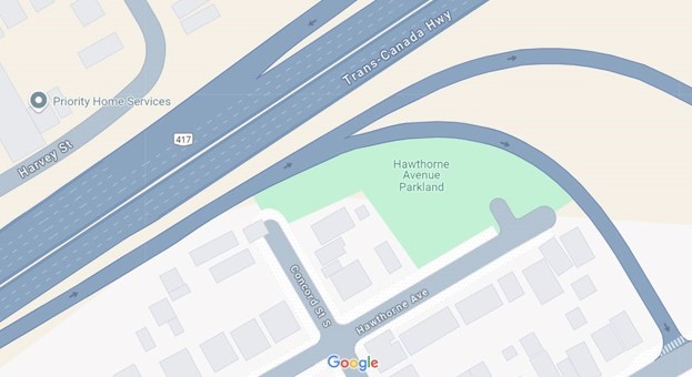 Google Maps screenshot of 185 Hawthorne from OCT 2024 with greenspace labeled Hawthorne Avenue Parkland