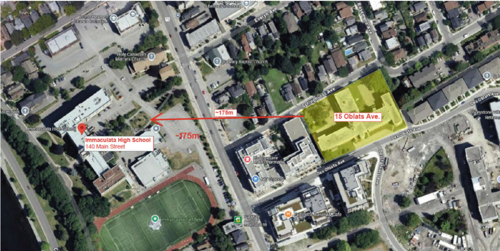 Aerial image showing where Statue of Mary will be moved across the street from 15 Oblats to Immaculata High School at 140 Main Street.