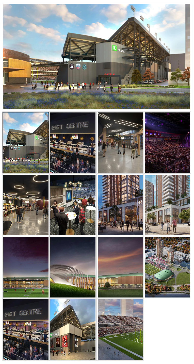 Screenshot of photo gallery at Engage Ottawa depicting various renderings of Lansdowne 2.0 proposed North Side Stands