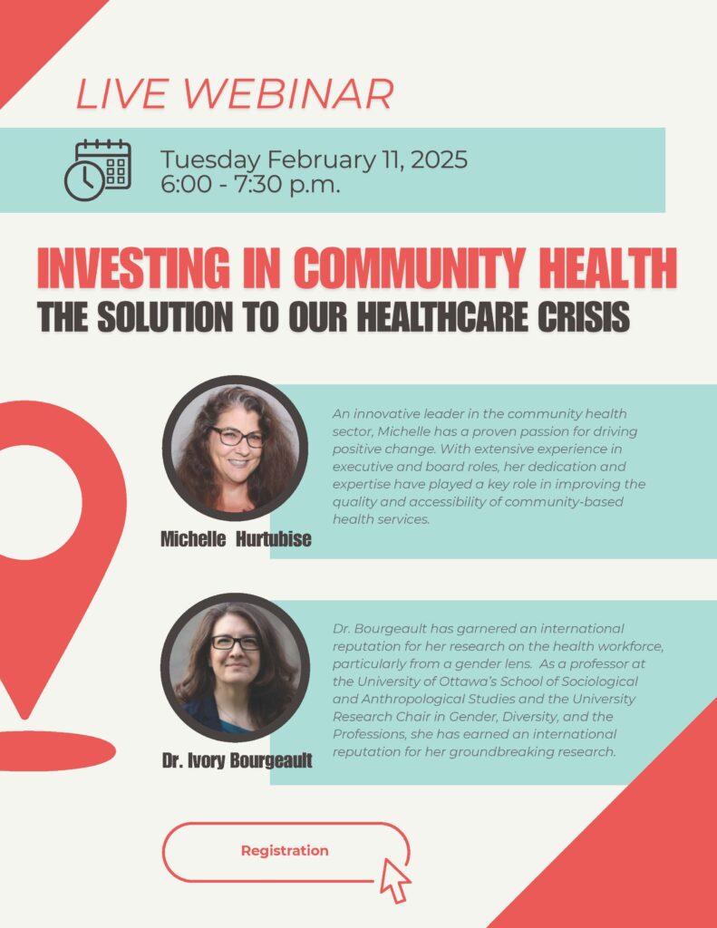 Event poster for February 11 webinar with short bios for 2 speakers, Michelle Hurtubise and Dr. Ivy Bourgeault.