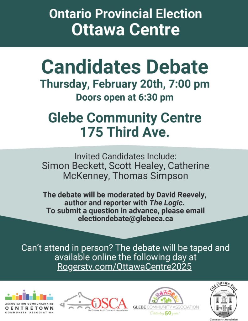 poster for February 20 Ottawa Centre provincial candidates' debates