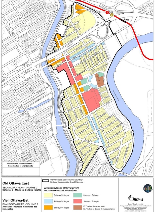 Image of Old Ottawa East secondary plan final building heights showing rose-coloured lands where builders are now permitted a maximum height of 9 storeys, and gold coloured lands where 6-storey buildings can now be developed.