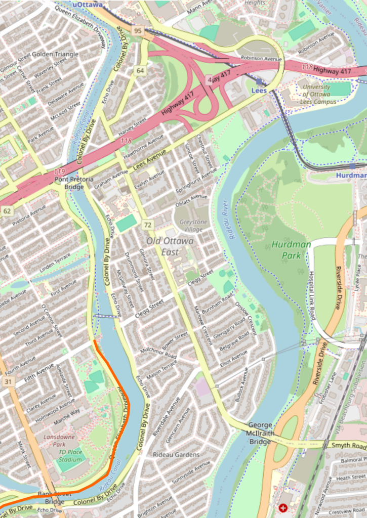 Screenshot of Old Ottawa East from Open Street Map. OOE is in Capital Ward 17 in central Ottawa, with boundaries between the Rideau Canal and Rideau River on each side, Nicholas Street and the 417 highway to the north, and Avenue Road to the south.